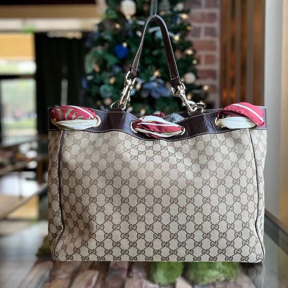 GUCCI Positano Small Beige Brown GG Canvas Leather Tote Bag - Picture 2 of 16